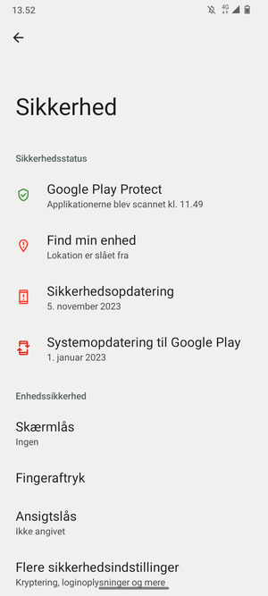 For at ændre PIN-koden til sim-kortet, gå til menuen Sikkerhed og  vælg Flere  sikkerhedindstillinger