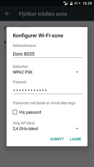 Skriv inn et Wi-Fi hotspot-passord på minst 8 tegn og velg LAGRE