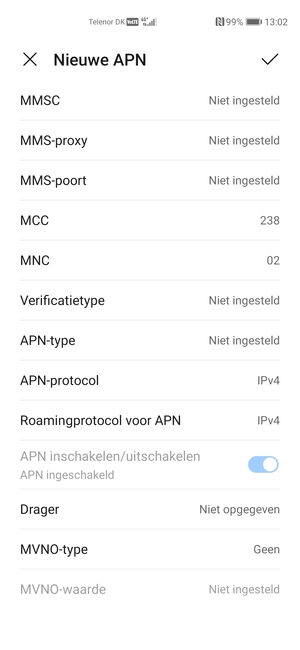 Scroll naar beneden en voer mms-gegevens in