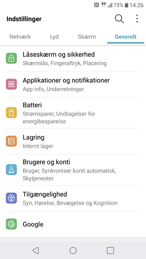Vælg Generelt og Låseskærm og sikkerhed