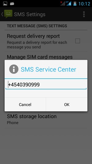 Enter the SMS Service Center number and select OK