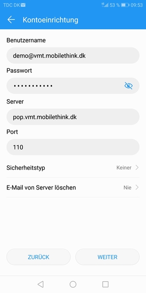 Geben Sie Benutzername und die Server-Adresse für eingehende Post ein. Wählen Sie WEITER