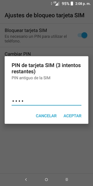 Introduzca su PIN antiguo de la SIM y seleccione ACEPTAR