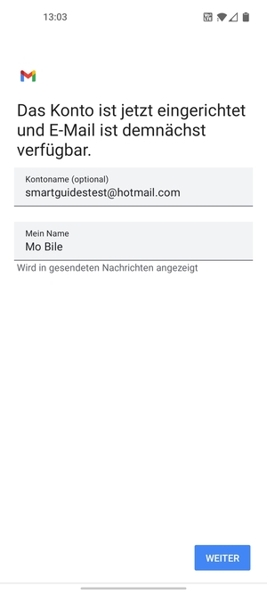 Geben Sie Ihrem Konto einen Namen und geben Sie Ihren Namen ein. Wählen Sie WEITER