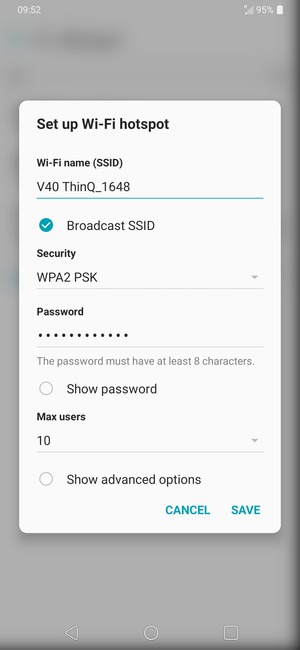 Enter a Wi-Fi hotspot password of at least 8 characters and select SAVE