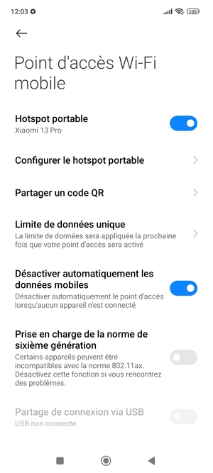 Votre téléphone est maintenant configuré pour être utilisé comme modem