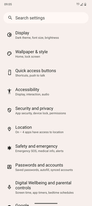 Scroll to and select Security and privacy