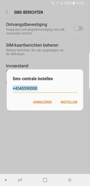 Voer het Sms-centrale nummer in en selecteer INSTELLEN