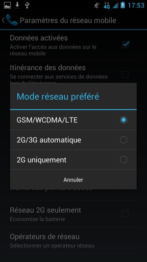 Sélectionnez 2G uniquement pour activer la 2G