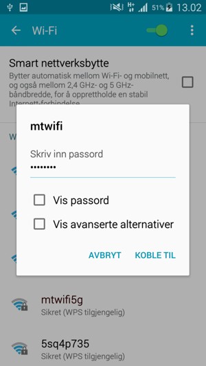Skriv inn Wi-Fi-passord og velg KOBLE TIL
