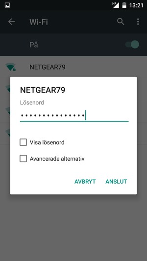 Ange lösenord till Wi-Fi och välj ANSLUT