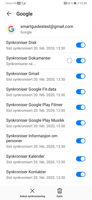 Dine kontakter fra Google vil synkroniseres til smarttelefonen din