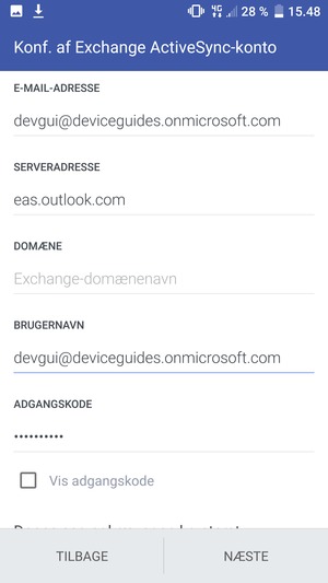 Indtast Exchange serveradresse og Brugernavn. Vælg NÆSTE