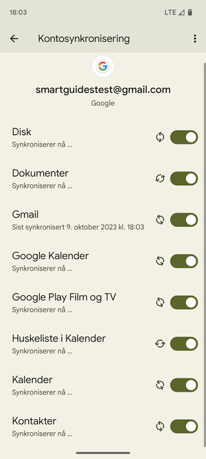 Dine kontakter fra Google vil synkroniseres til telefonen din