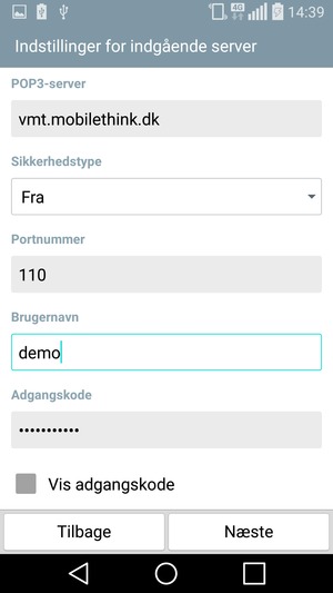 Indtast Indgående serveradresse og Brugernavn. Vælg Næste