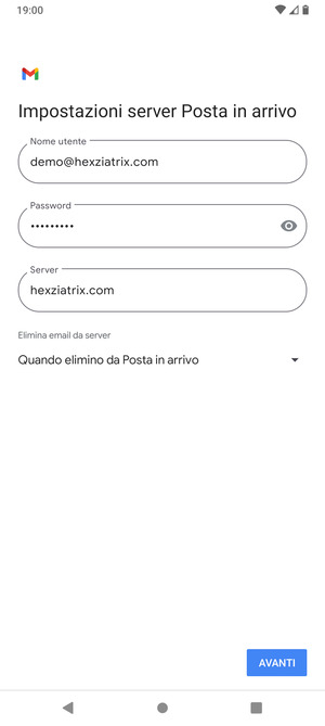 Inserisci Nome utente e l'indirizzo del server di posta in arrivo. Seleziona AVANTI