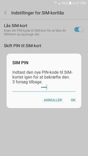 Bekræft din nye PIN-kode til SIM-kort og vælg OK