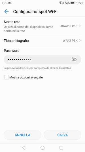 Inserisci una password dell'hotspot Wi-Fi di almeno 8 caratteri e seleziona SALVA