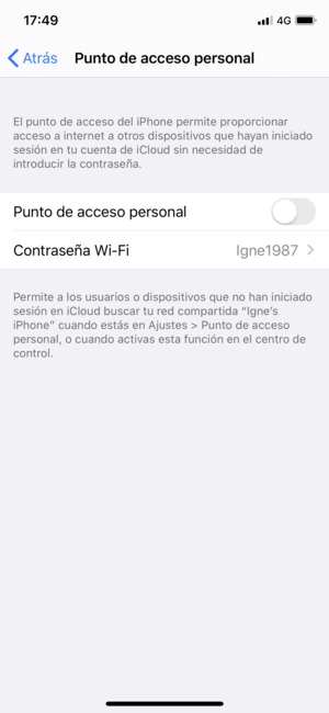Configurar Punto de acceso personal en ON