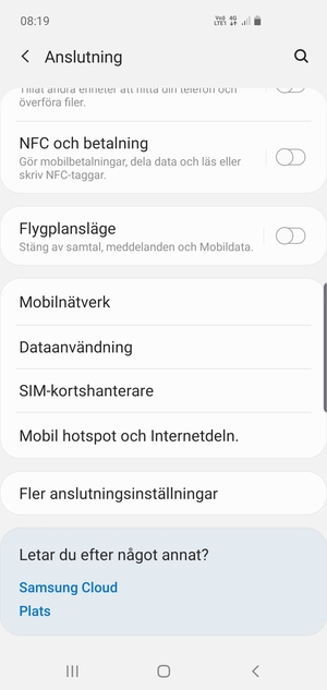 Scrolla till och välj Mobil hotspot och internetdeln.