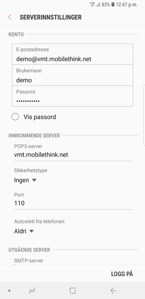 Skriv inn Brukernavn og innkommende serveradresse