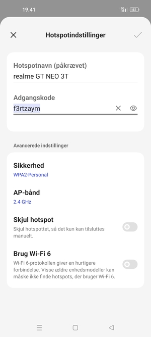 Indtast en Wi-Fi-hotspot adgangskode på minimum 8 tegn og vælg OK