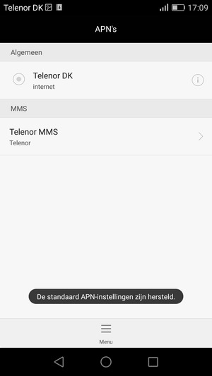 Uw telefoon wordt teruggezet naar standaard internet- en mms-instellingen