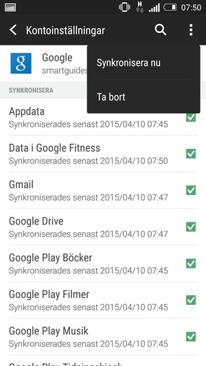 Tryck på Meny-knappen och välj Synkronisera nu