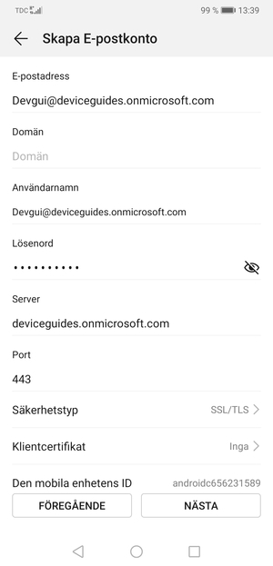 Ange Exchange serveradress och välj NÄSTA