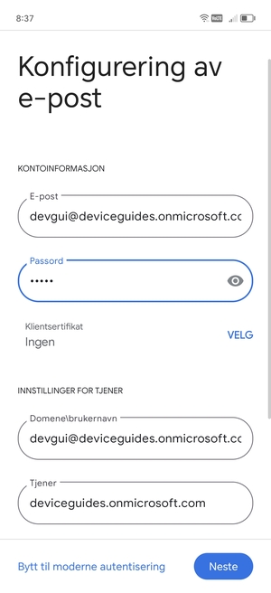 Skriv inn Brukernavn og Exchange serveradresse. Velg Neste
