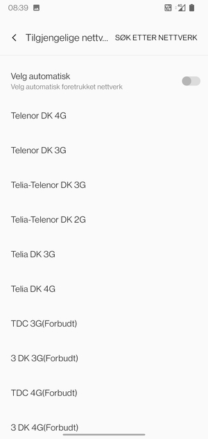 Velg en nettverksoperatør fra listen