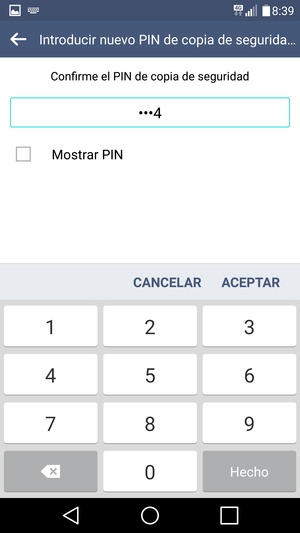 Confirme PIN de copia de seguridad y seleccione ACEPTAR