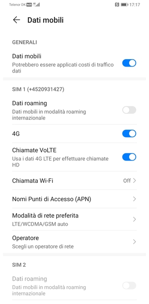 Scorri fino a SIM 1 o SIM 2 e seleziona Nomi Punti di Accesso (APN)