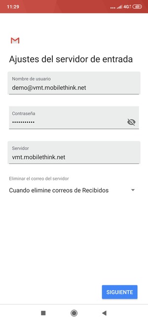 Introduzca Nombre de usuario y la dirección de servidor entrante. Seleccione SIGUIENTE