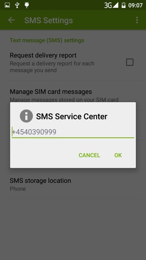 Enter the SMS Service Center number and select OK