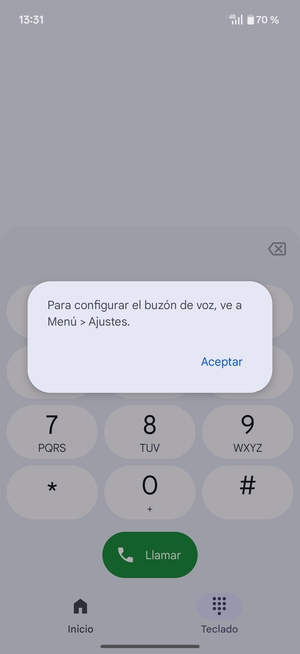 Si el correo de voz no está configurado, seleccione Aceptar