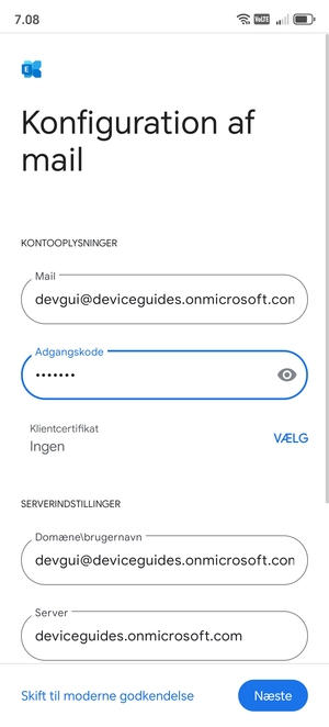 Indtast Brugernavn og Exchange serveradresse. Vælg Næste
