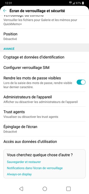 Pour modifier le code PIN de la carte SIM, retournez dans le menu Écran de verrouillage et sécurité et sélectionnez Configurer verrouillage SIM