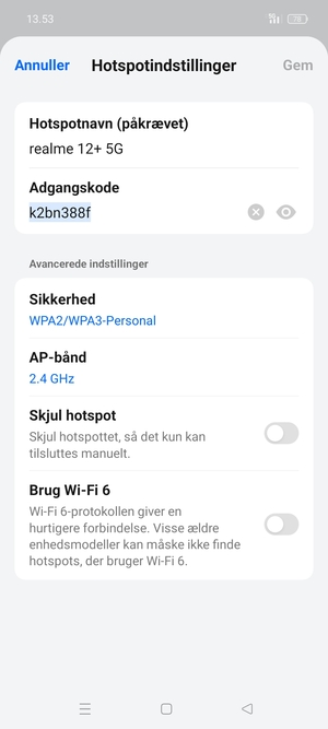 Indtast en Wi-Fi-hotspot adgangskode på minimum 8 tegn og vælg Gem