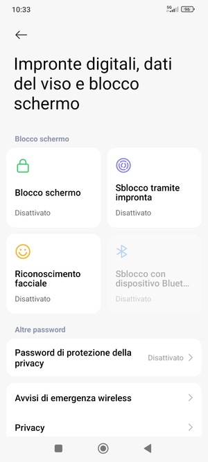 Per attivare il blocco dello schermo, torna al menu Impronte digitali, dati del viso e blocco schermo e seleziona Blocco schermo