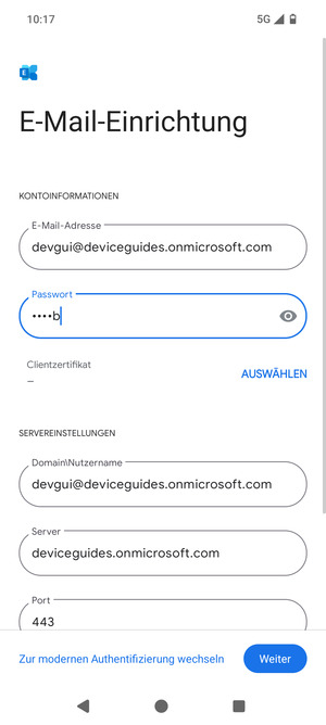 Geben Sie Benutzername und Exchange Server-Adresse ein. Wählen Sie Weiter