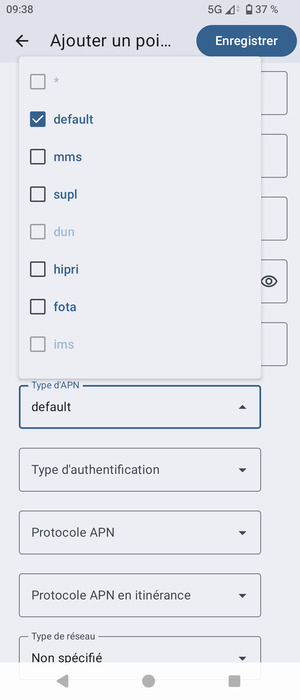 Assurez-vous que default est sélectionné
