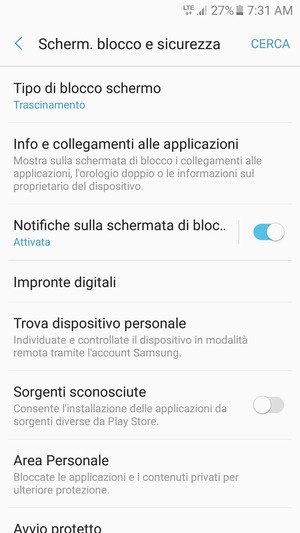 Per attivare il blocco dello schermo, vai al menu Scherm. blocco e sicurezza e seleziona Tipo di blocco schermo