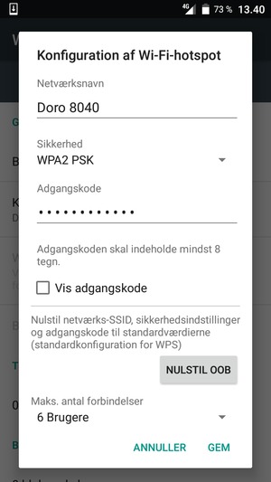 Indtast en Wi-Fi-hotspot adgangskode på minimum 8 tegn og vælg GEM