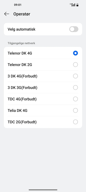 Velg en nettverksoperatør fra listen