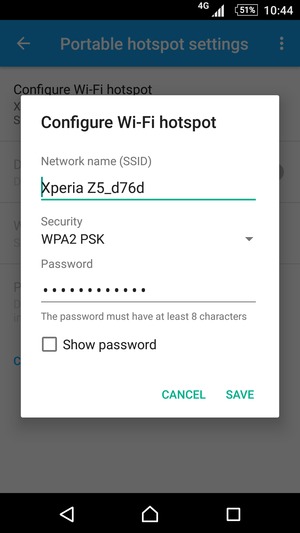 Enter a Wi-Fi hotspot password of at least 8 characters and select SAVE