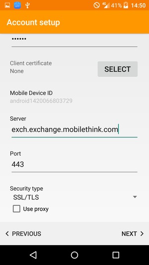 Scroll down and enter Exchange server address. Select NEXT
