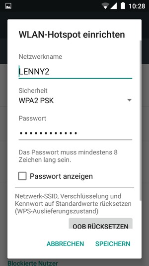 Geben Sie eine WLAN-Hotspot-Passwort mit mindestens 8 Zeichen ein und wählen Sie SPEICHERN