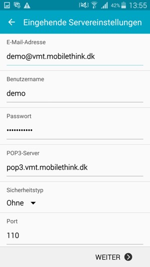 Geben Sie Benutzername und die Server-Adresse für eingehende Post ein. Wählen Sie WEITER