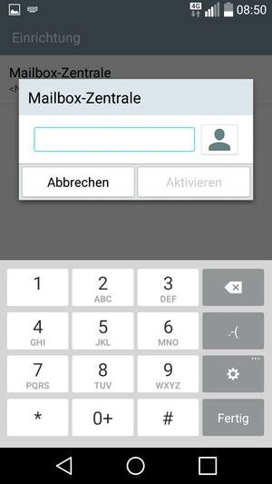 Geben Sie die Mailbox-Zentrale Nummer ein und wählen Sie Aktivieren